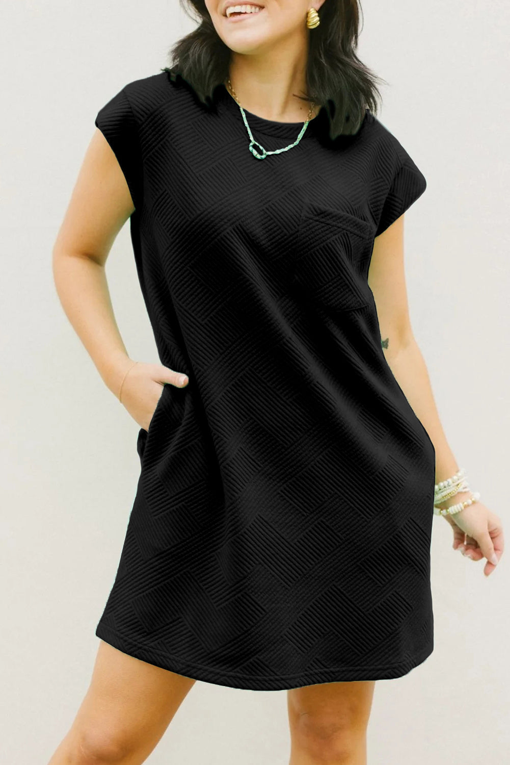 Geometric Pattern Mini T-Shirt Dress with Cap Sleeves T Shirt Dresses MyDresses Black 8 | S 