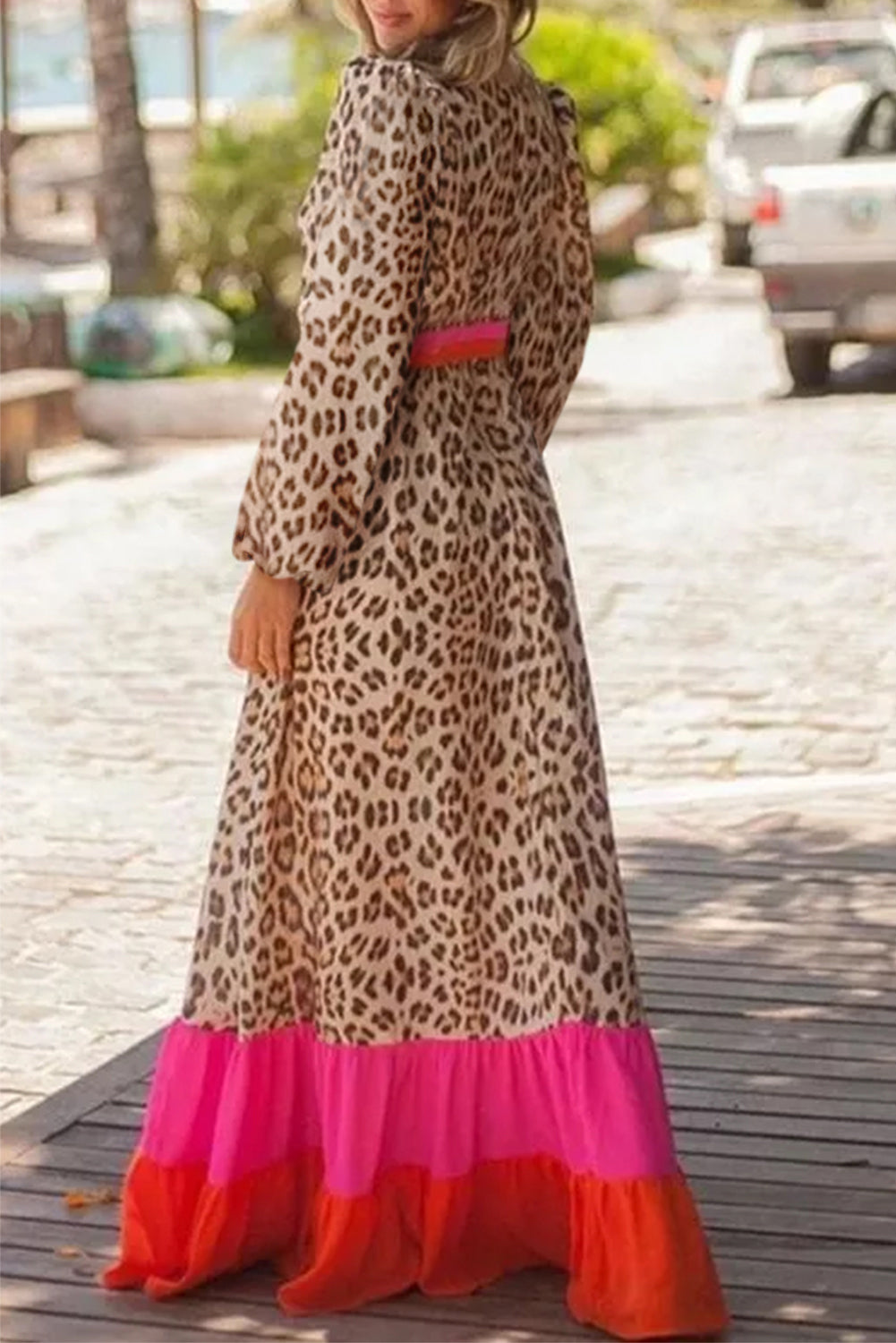 Leopard Print Maxi Dress with V-Neck and Tiered Hemline Maxi Dresses MyDresses 