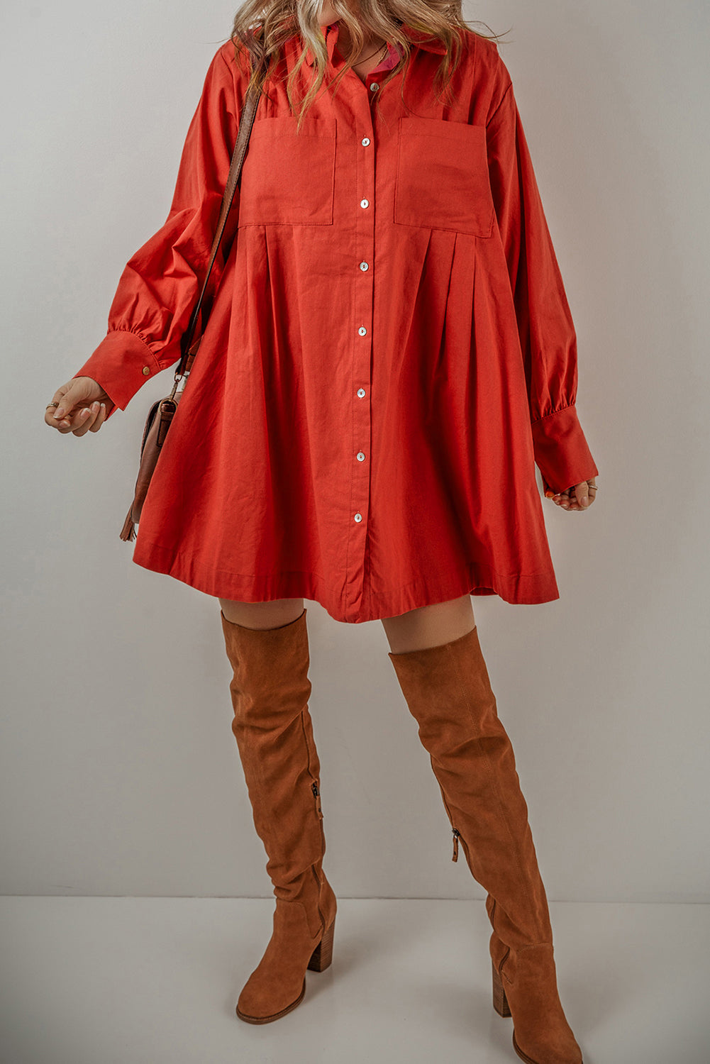 Bishop Sleeve Mini Shirt Dress with Button-Up Front Mini Dresses MyDresses 