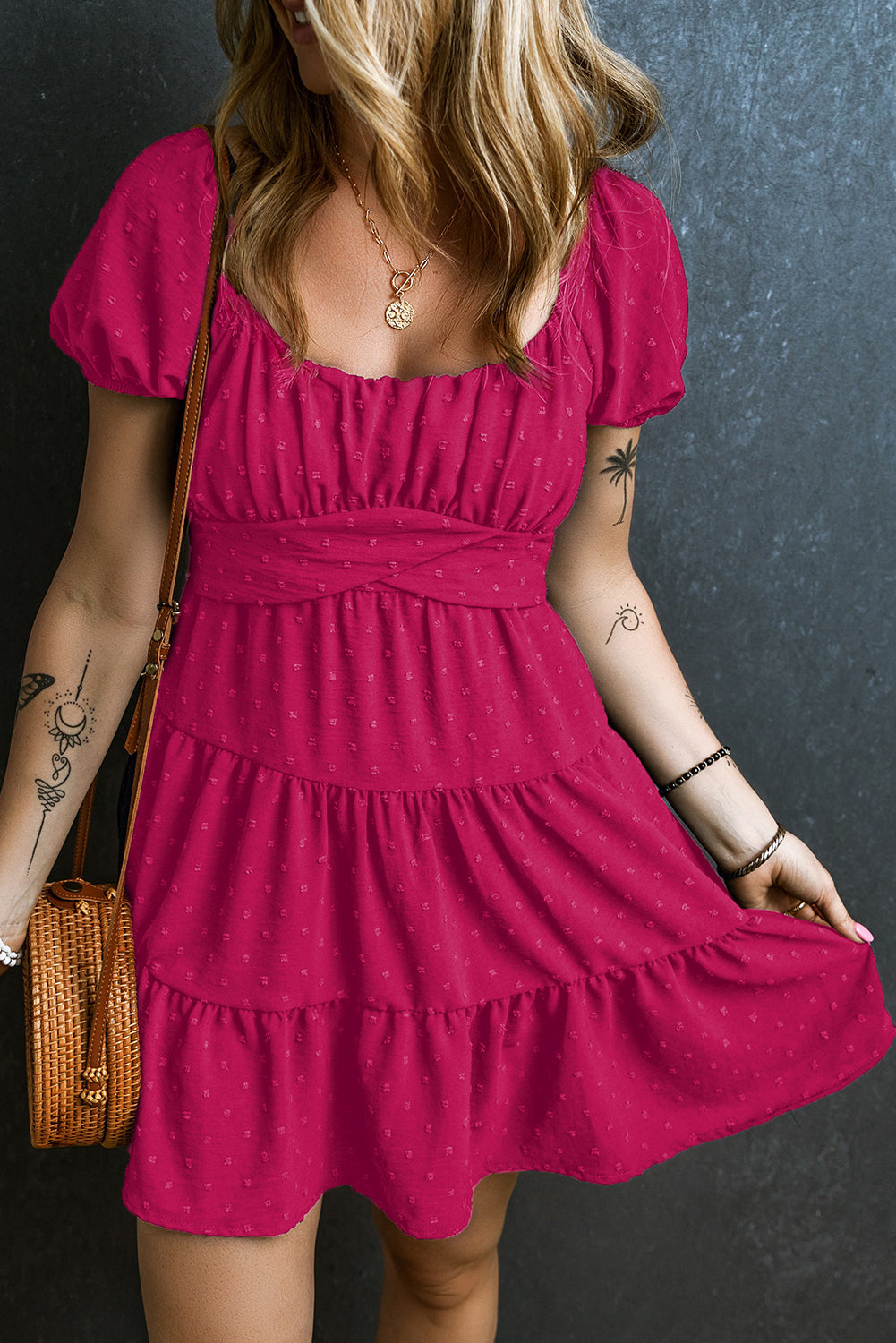 Swiss Dot Puff Sleeve Crossover Tiered Dress Mini Dresses MyDresses Pink 8 | S 