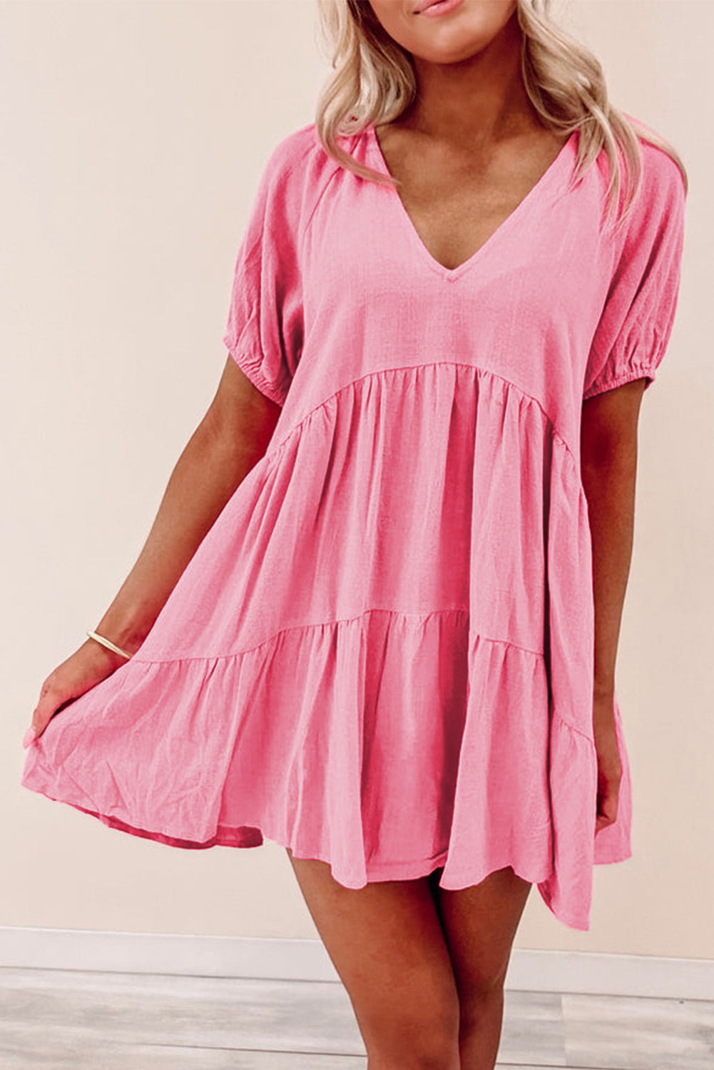 Puff Sleeve V Neck Tiered Swing Dress Mini Dresses MyDresses Pink 8 | S 