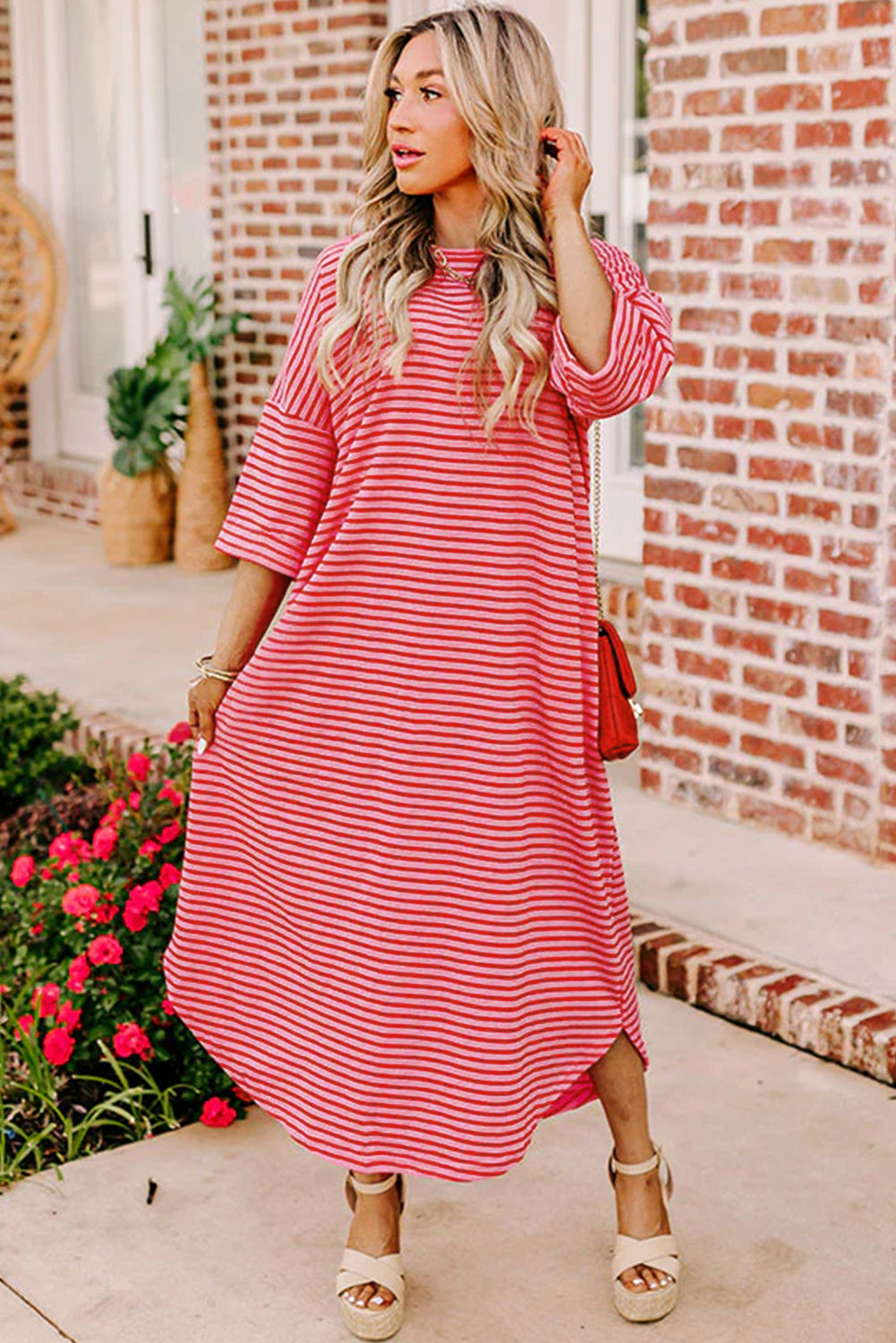 Striped Shift T-Shirt Dress with 3/4 Sleeves and Round Hem T Shirt Dresses MyDresses 