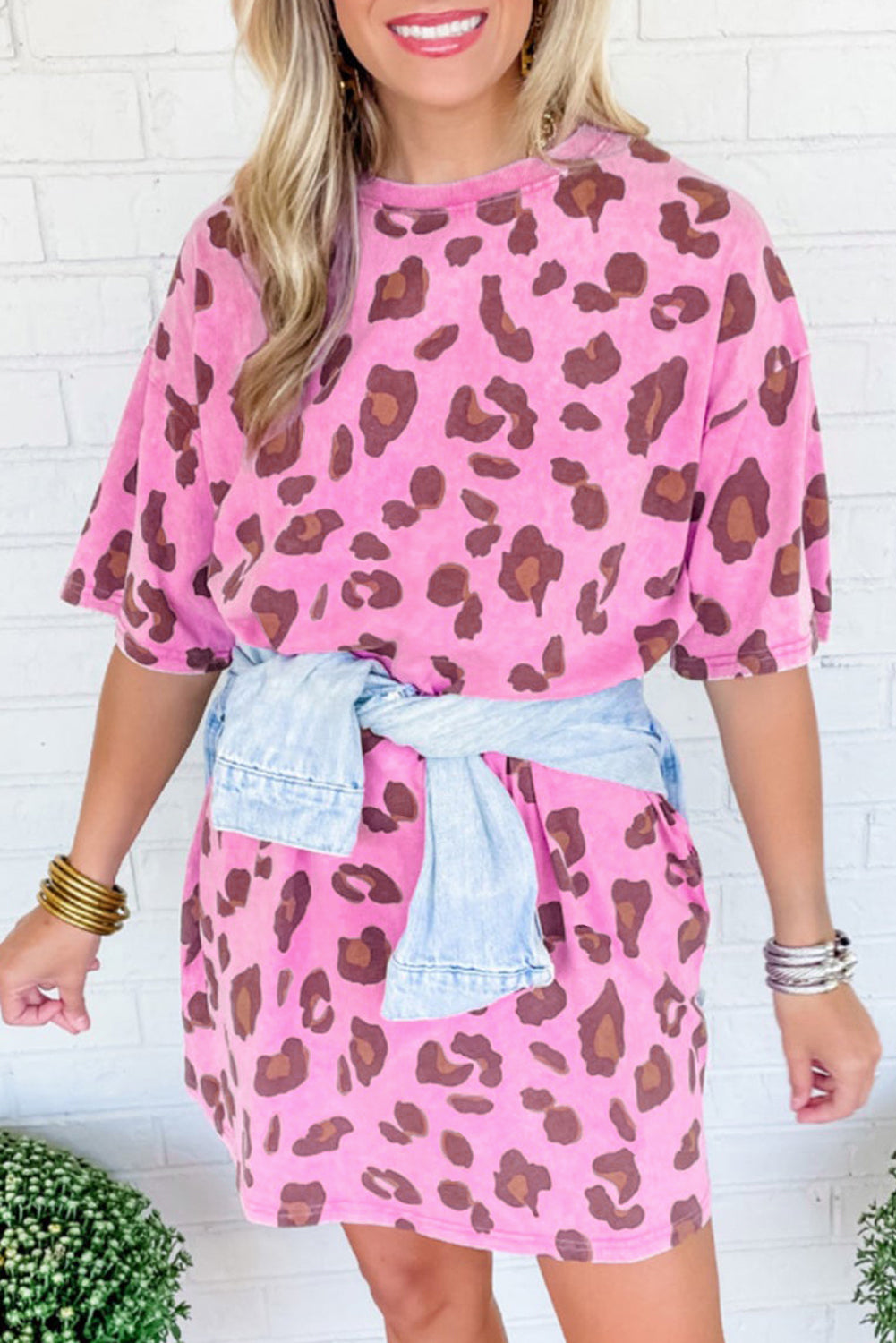 Leopard Print Mini Dress with Side Pockets and Mineral Wash T Shirt Dresses MyDresses Pink 8 | S 