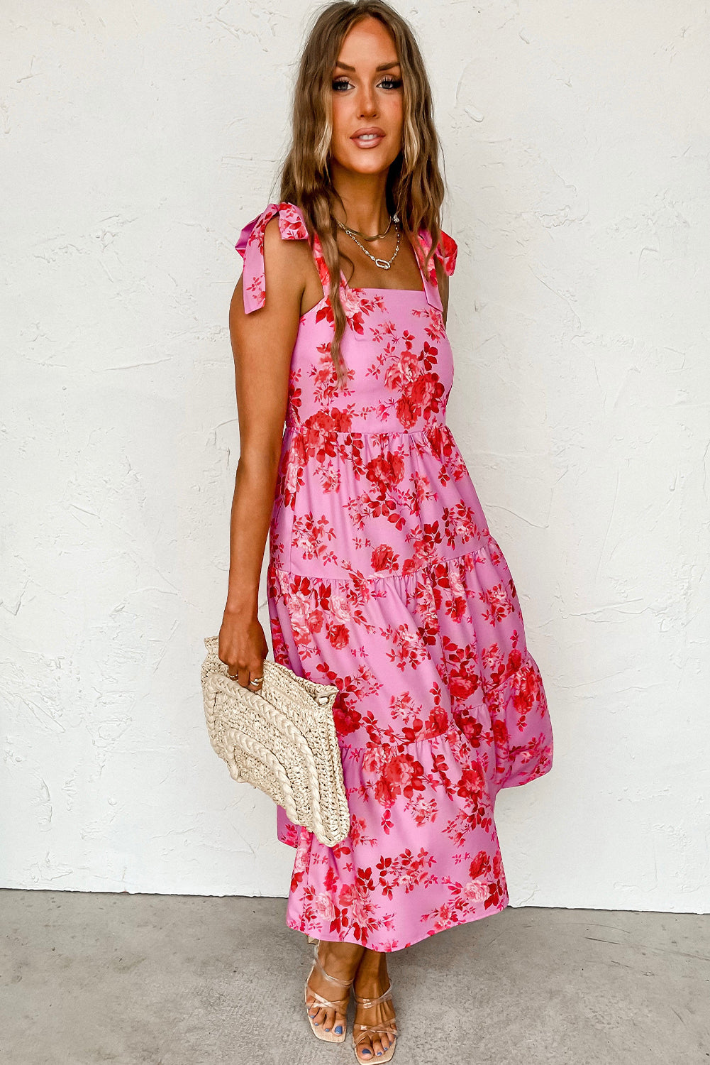 Tiered Floral Midi Dress with Tie Strap Maxi Dresses MyDresses 