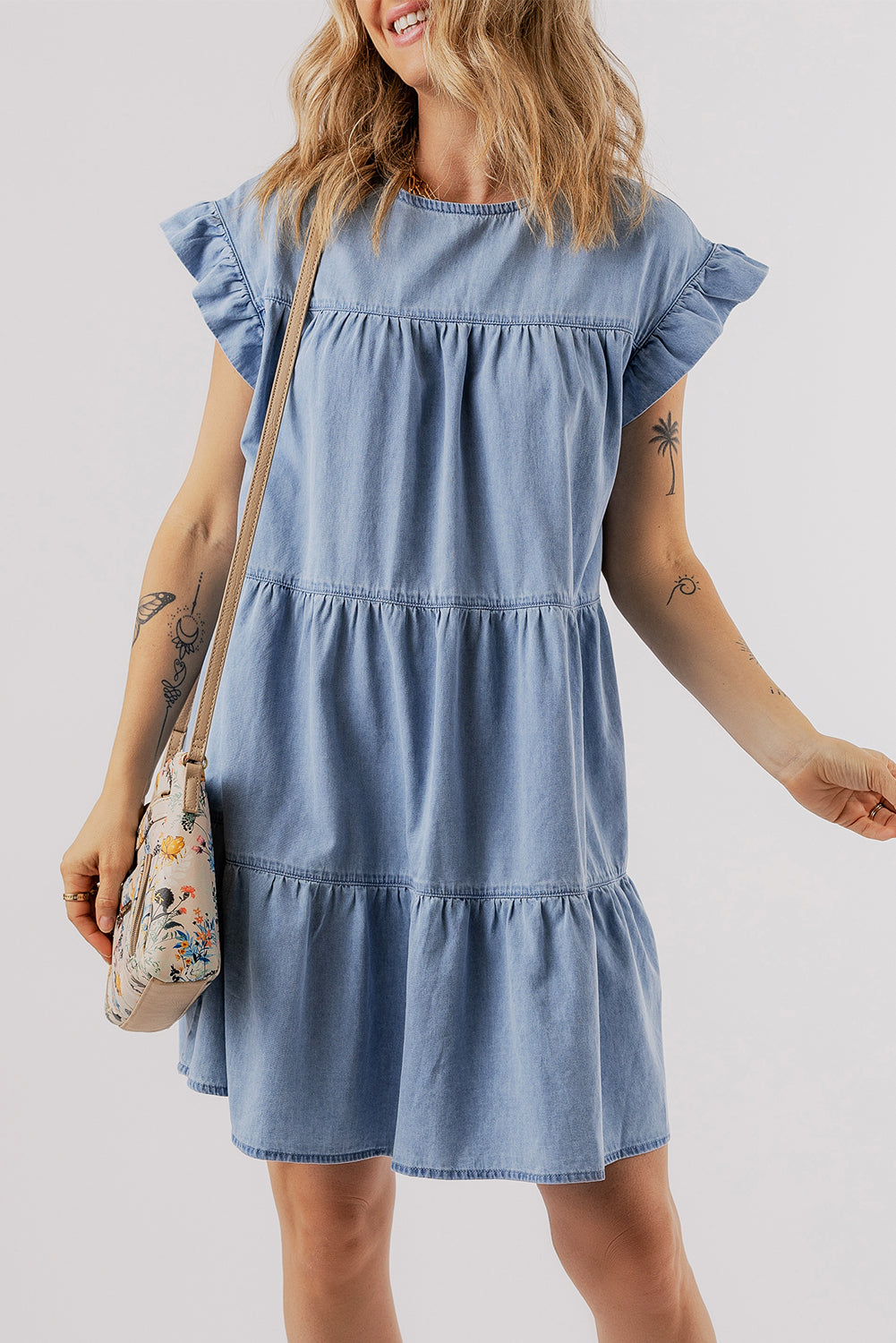 Ruffle Sleeve Denim Dress with Tiered A-line Design Mini Dresses MyDresses Blue 8 | S 