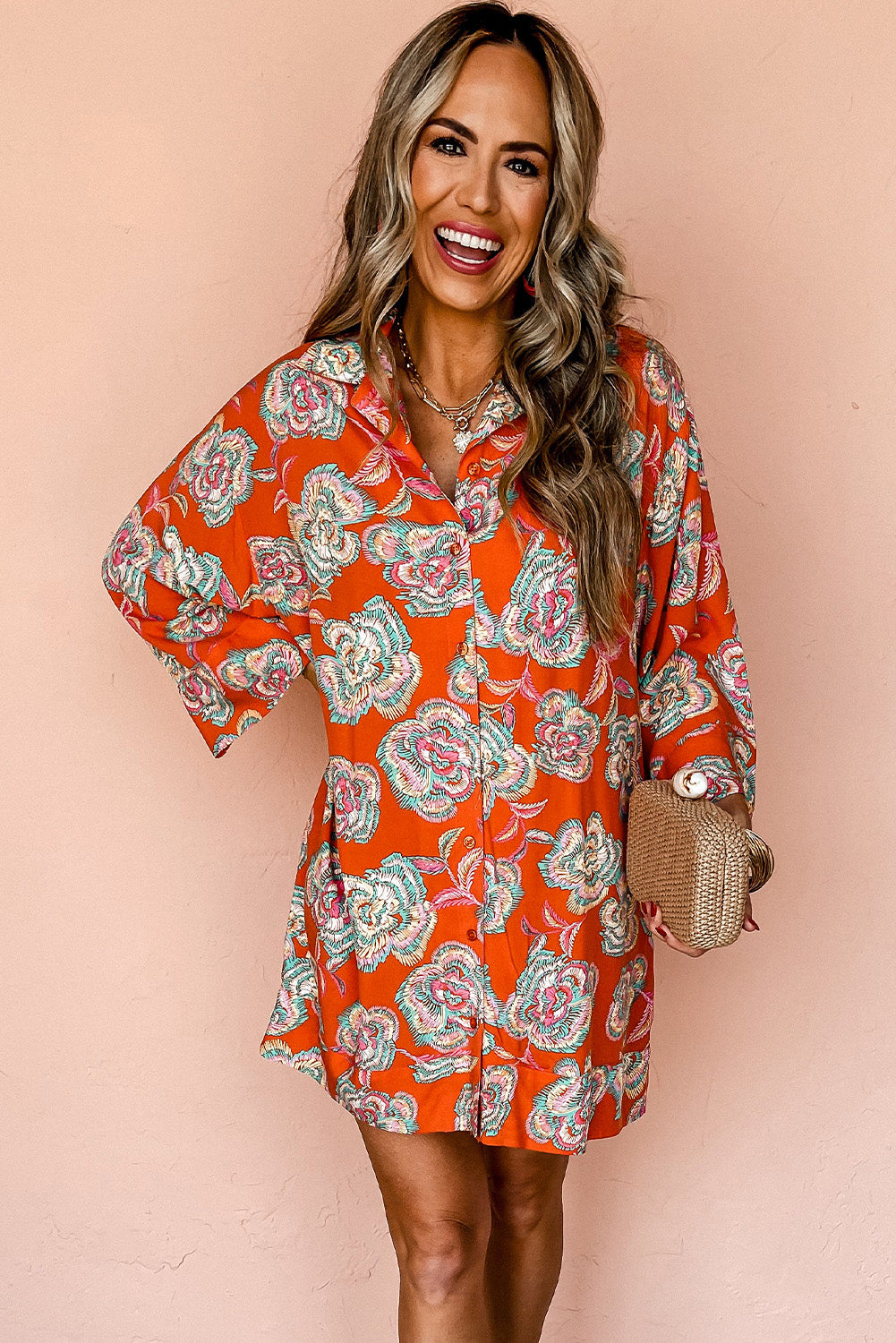 Floral Print Mini Dress with Lapel Collar and Button-Down Front Floral Dresses MyDresses 