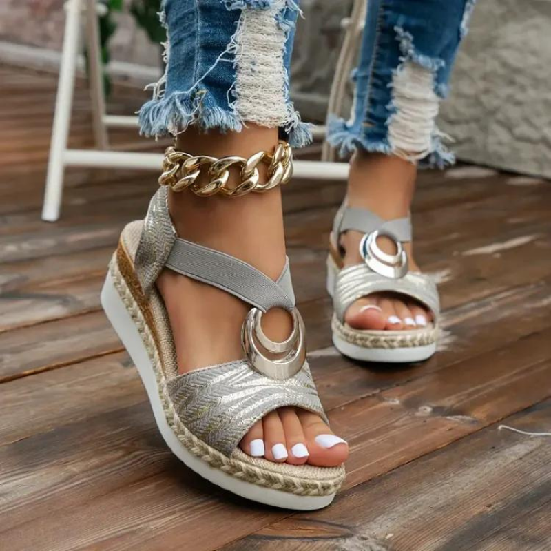 Wedge Sandals with Geometric Print and Metallic Detail Sandals MyDresses