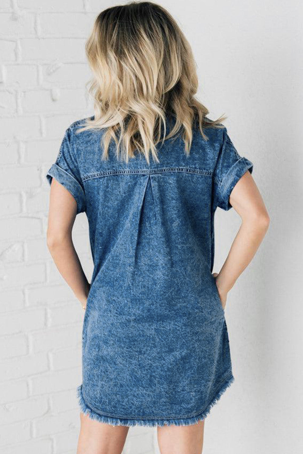 Cuffed Sleeve Frayed Hem Denim Dress Mini Dresses MyDresses 