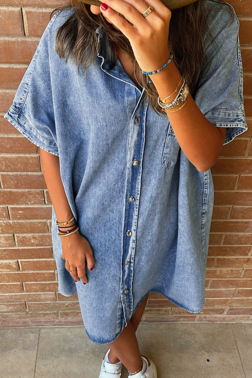 Loose Chambray Shirt Dress with Short Sleeves Midi Dresses MyDresses 