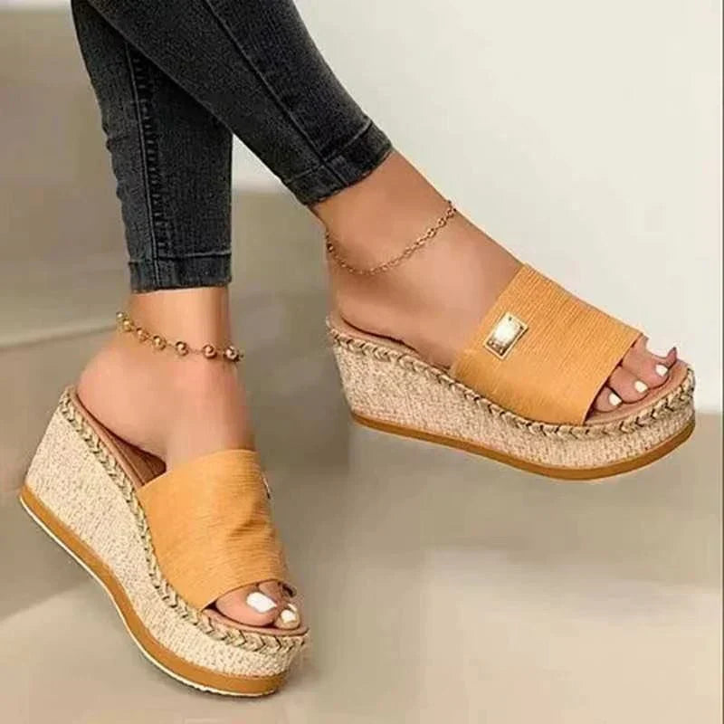 Woven Platform Wedge Sandals with Textured Strap Sandals MyDresses Yellow 4