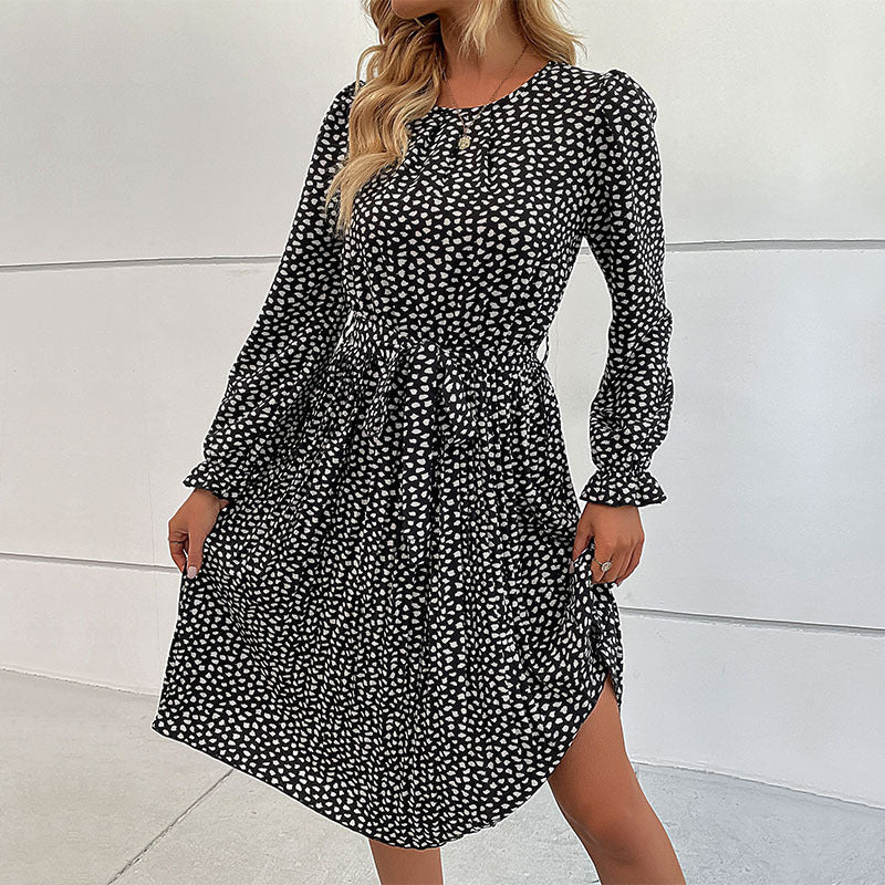 Polka Dot Knee-Length Dress with Long Sleeves and Self-Tie Waist Midi Dresses MyDresses Black 8 | S 