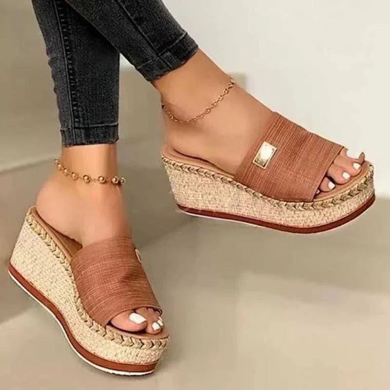 Woven Platform Wedge Sandals with Textured Strap Sandals MyDresses Brown 4