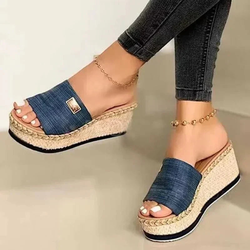 Woven Platform Wedge Sandals with Textured Strap Sandals MyDresses Blue 4