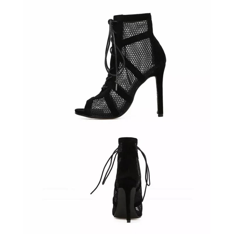 Lace-up Mesh Sandals with Open-Toe Stiletto Design Sandals MyDresses