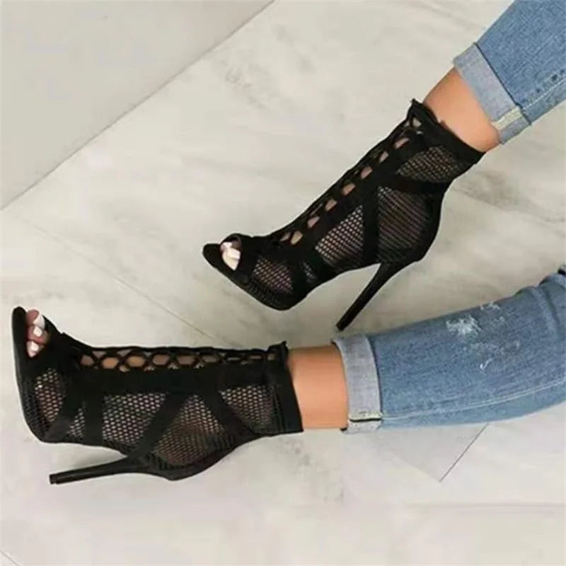 Lace-up Mesh Sandals with Open-Toe Stiletto Design Sandals MyDresses