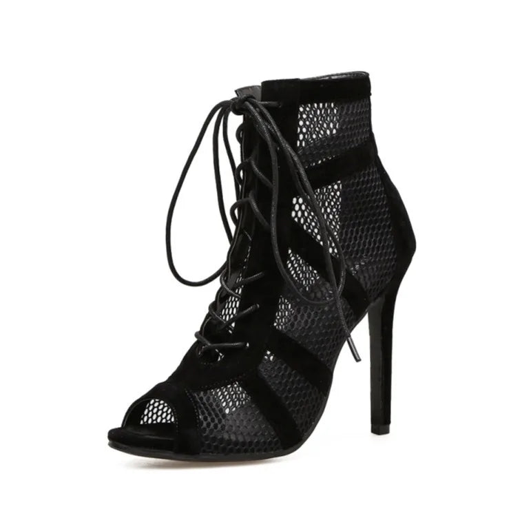 Lace-up Mesh Sandals with Open-Toe Stiletto Design Sandals MyDresses Black 4