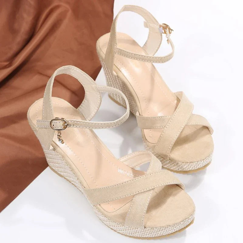 Crisscross Strap Wedge Sandals with Ankle Buckle Closure Sandals MyDresses Beige 4