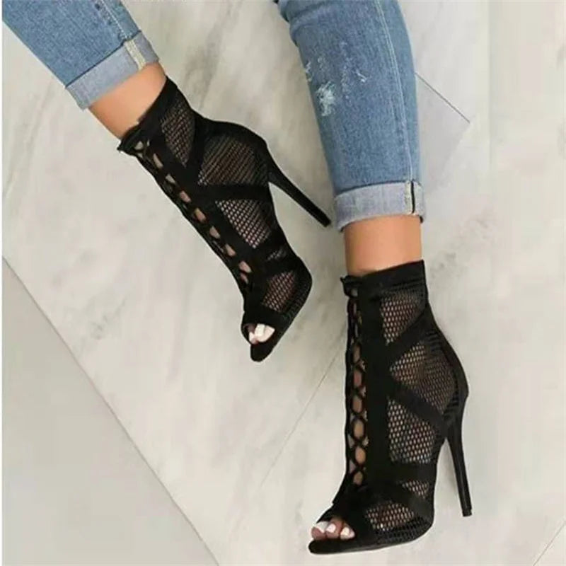 Lace-up Mesh Sandals with Open-Toe Stiletto Design Sandals MyDresses