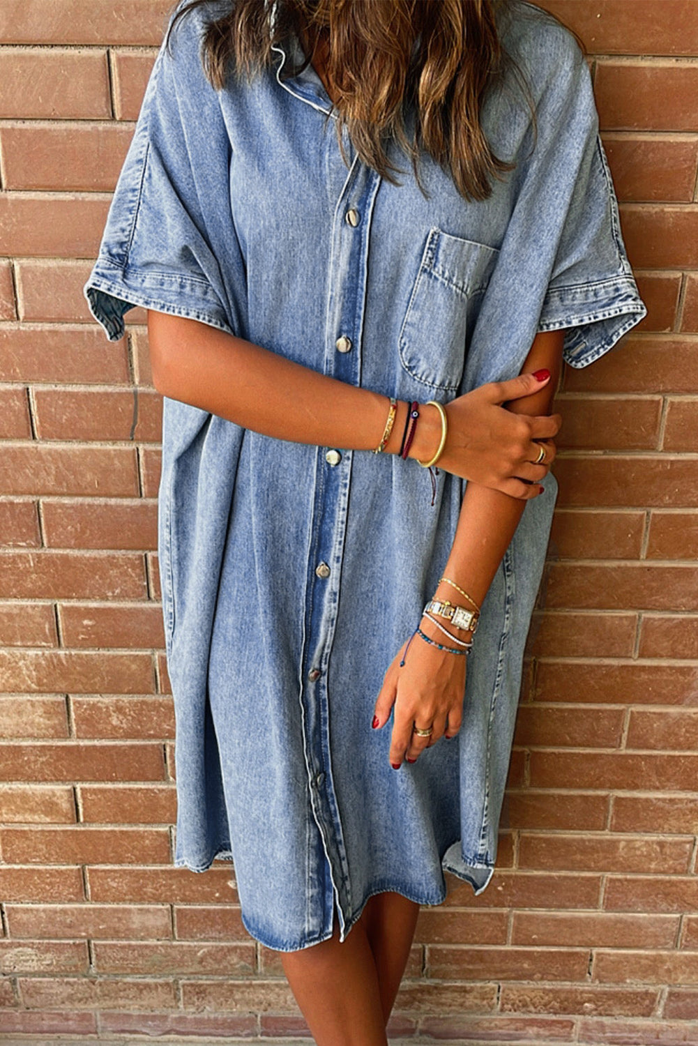 Loose Chambray Shirt Dress with Short Sleeves Midi Dresses MyDresses 