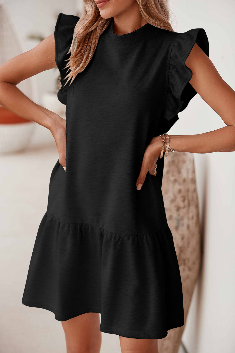 Crew Neck Shift Dress with Flutter Sleeve Mini Dresses MyDresses Black 8 | S 