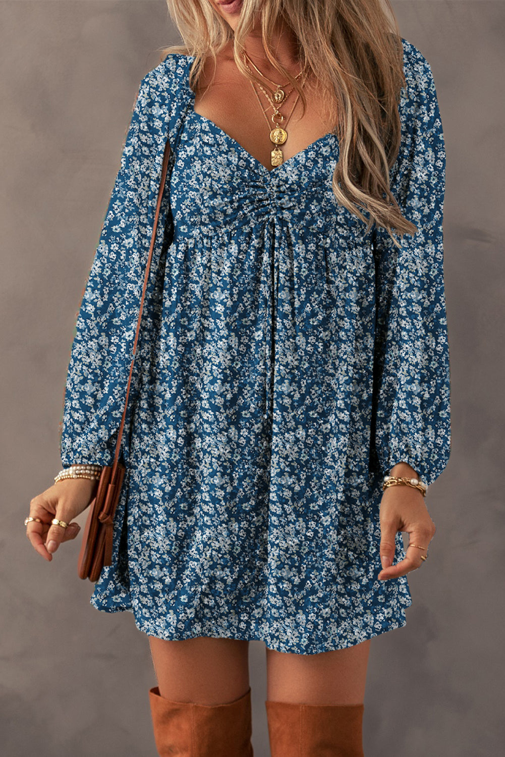 Sweetheart Neck Mini Dress with Floral Print and Shirred Back Floral Dresses MyDresses Blue 8 | S 