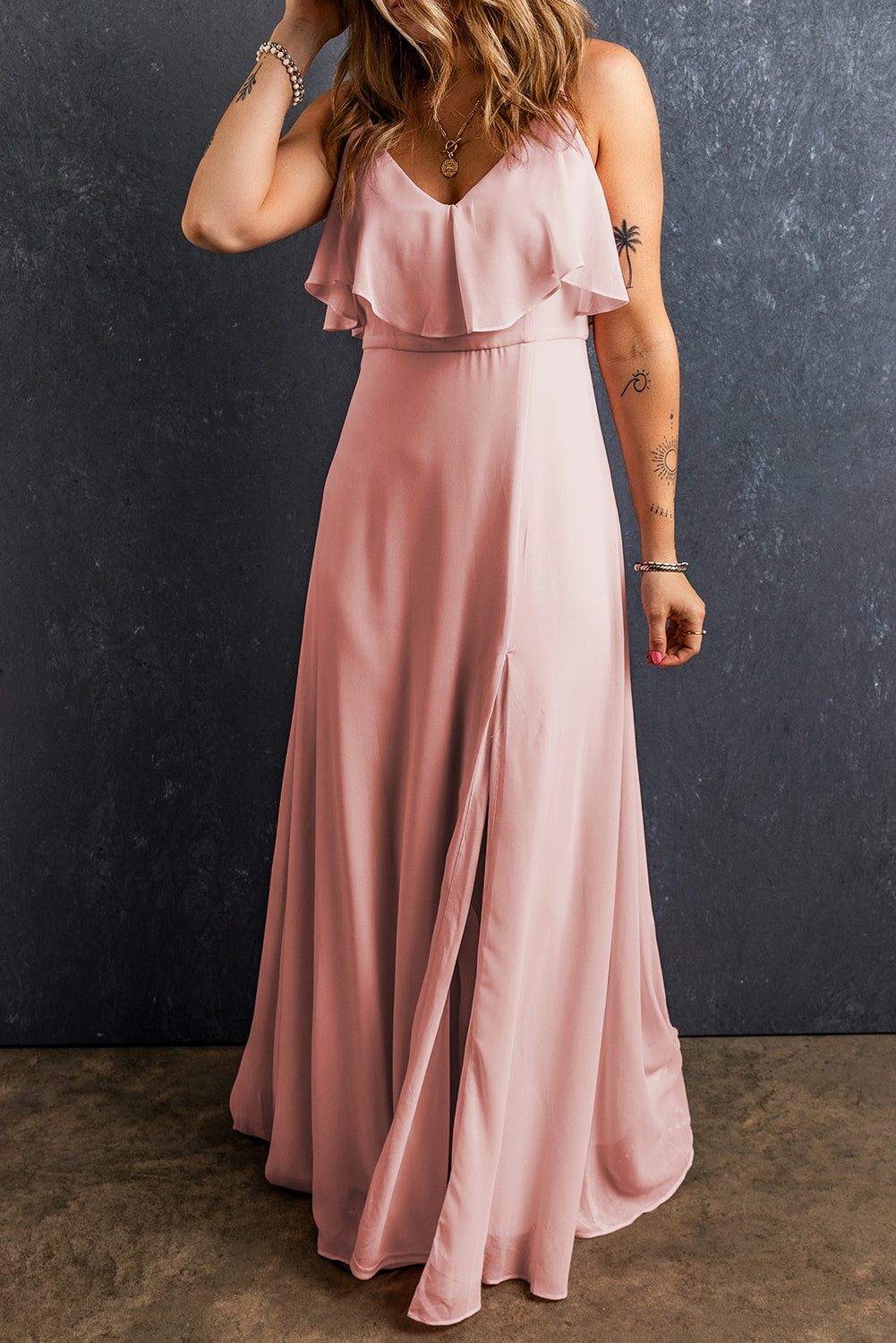 Spaghetti Strap Maxi Dress with Ruffled V Neck and High Slit Maxi Dresses MyDresses Pink 8 | S 