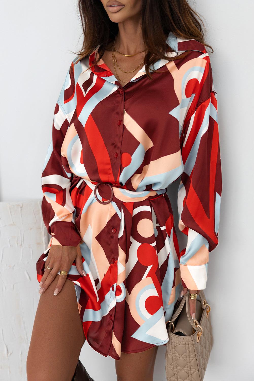 Abstract Print Belted Button-up Mini Dress Mini Dresses MyDresses Red 8 | S 