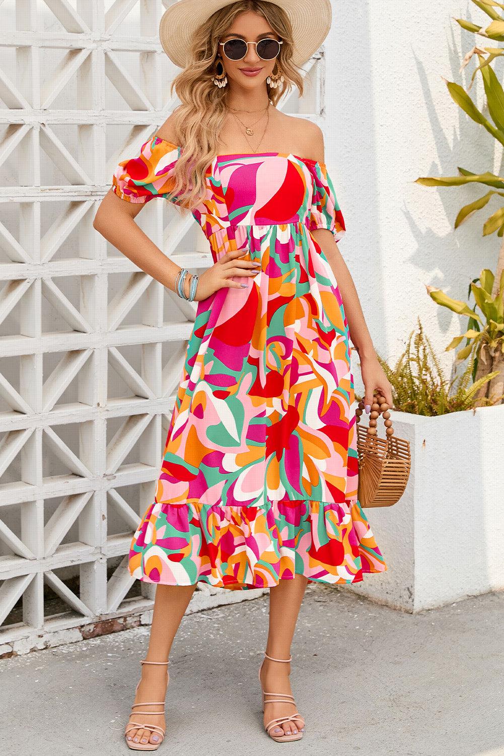 Abstract Print Square Neck Midi Dress Midi Dresses MyDresses 