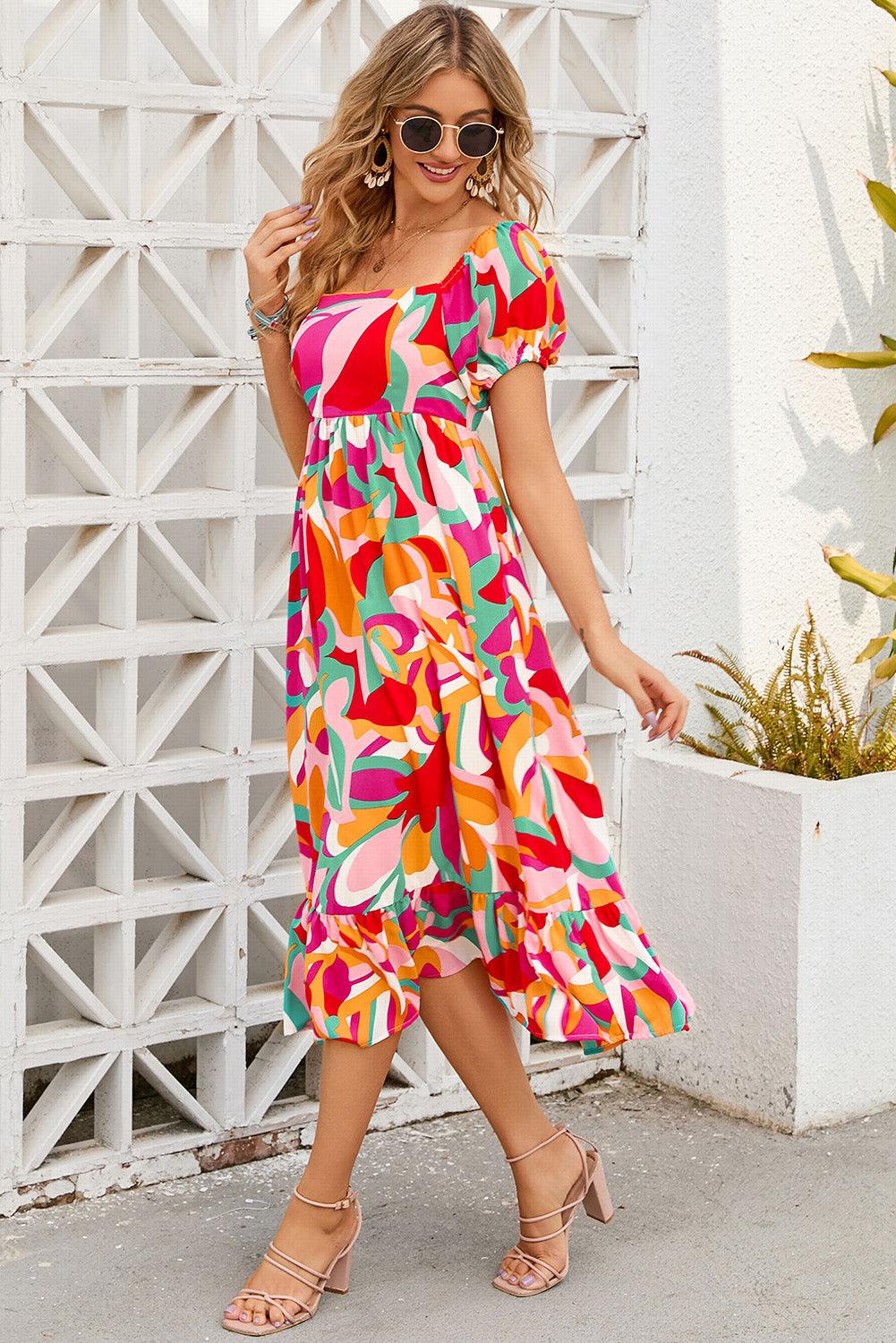 Abstract Print Square Neck Midi Dress Midi Dresses MyDresses 