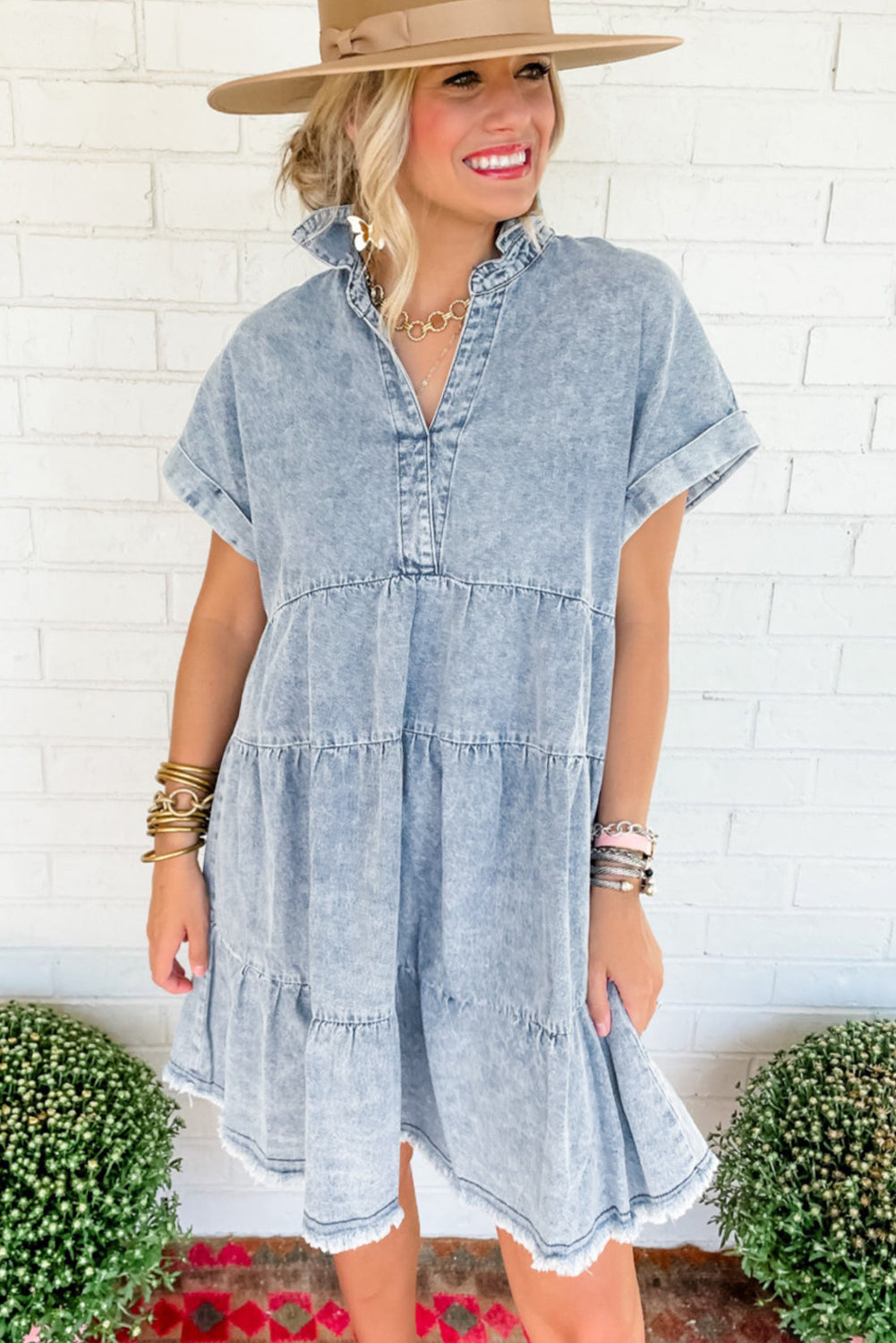 Acid Wash Tiered Denim Dress Mini Dresses MyDresses 