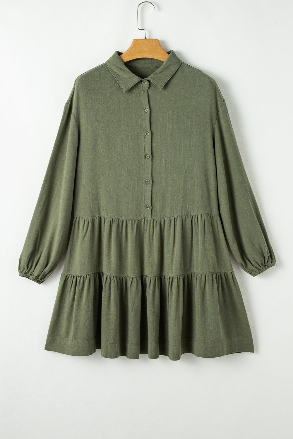 Jungle Green Puff Sleeve Buttoned Tiered Pleated Shirt Mini Dress Mini Dresses MyDresses