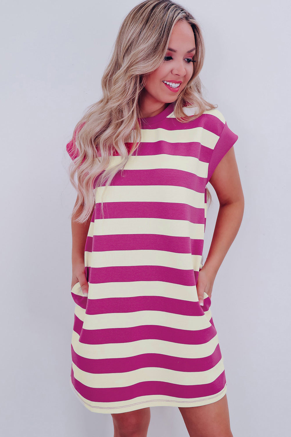 Stripe Cap Sleeve Shift Dress with Pockets T Shirt Dresses MyDresses 