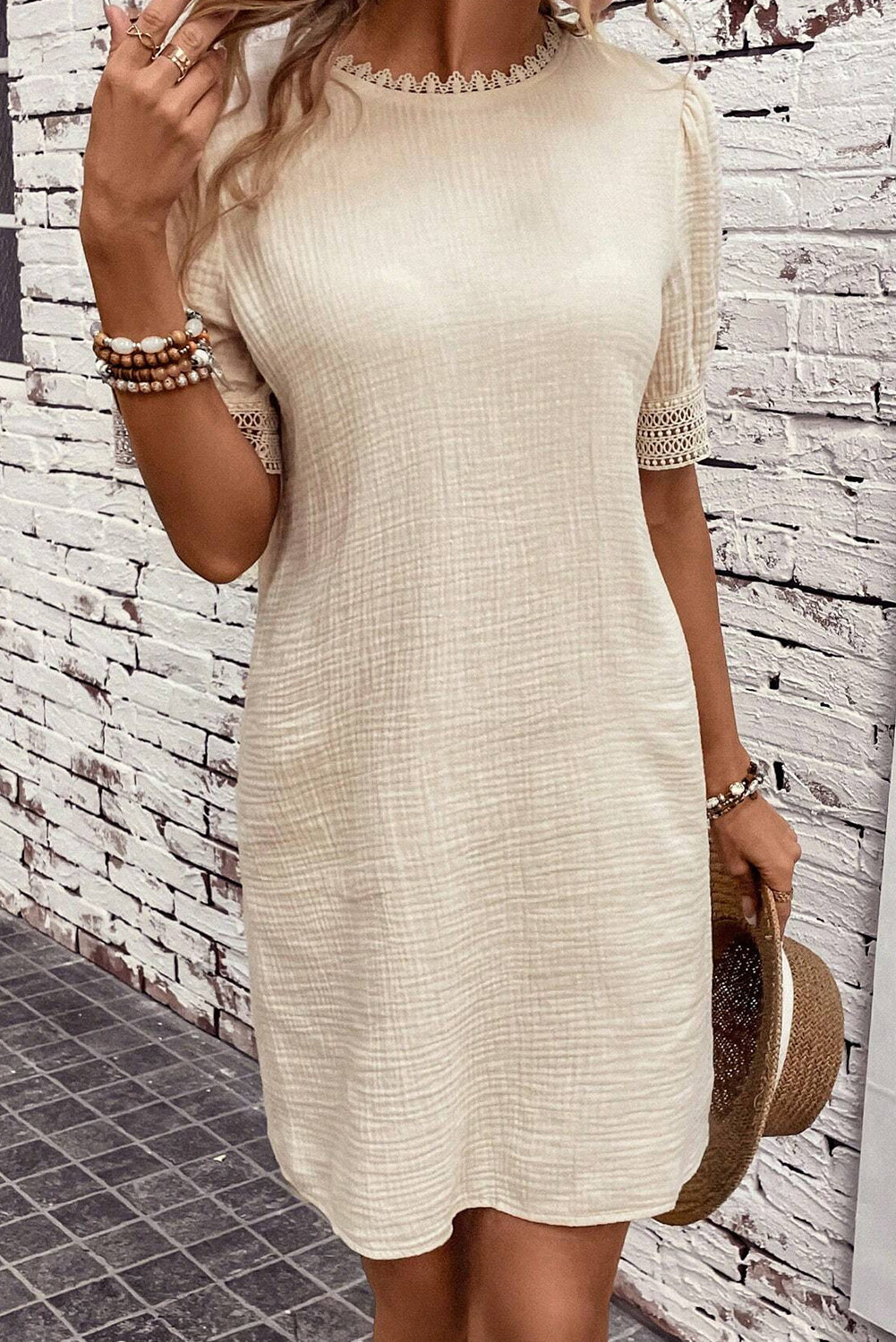 Lace Trim Puff Sleeve Shift Dress Mini Dresses MyDresses 