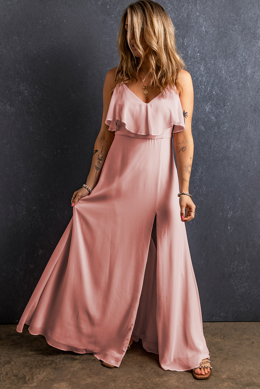 Spaghetti Strap Maxi Dress with Ruffled V Neck and High Slit Maxi Dresses MyDresses 