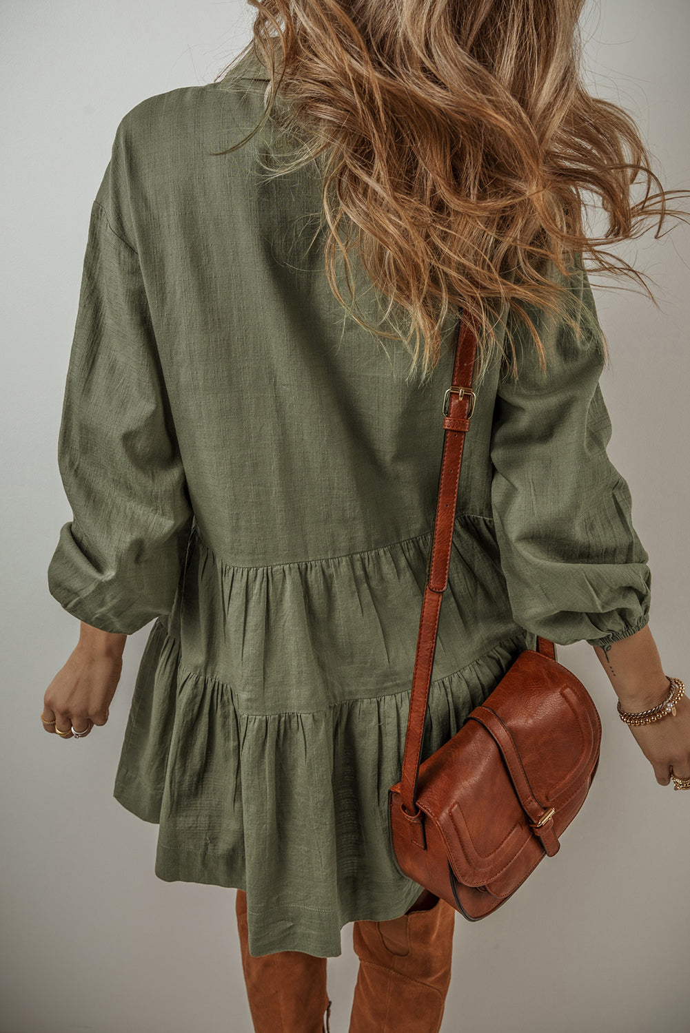 Jungle Green Puff Sleeve Buttoned Tiered Pleated Shirt Mini Dress Mini Dresses MyDresses