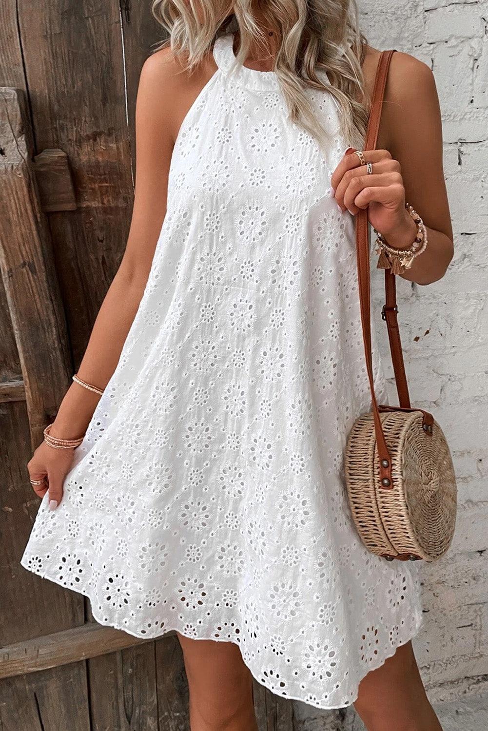 Boho Eyelet Halter Neck Sleeveless Dress Mini Dresses MyDresses White 8 | S 