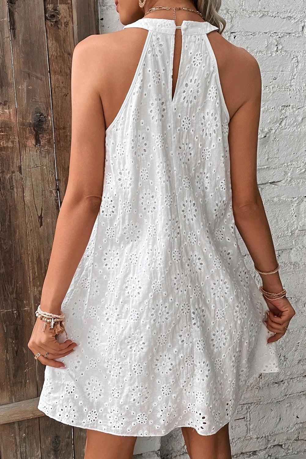 Boho Eyelet Halter Neck Sleeveless Dress Mini Dresses MyDresses 