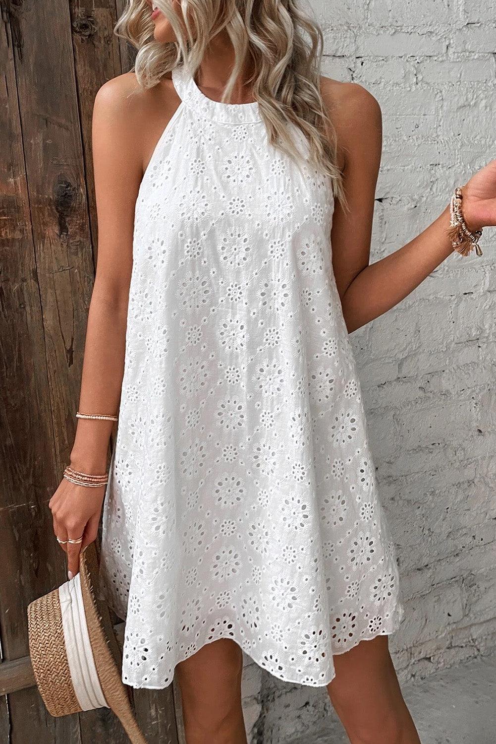 Boho Eyelet Halter Neck Sleeveless Dress Mini Dresses MyDresses 