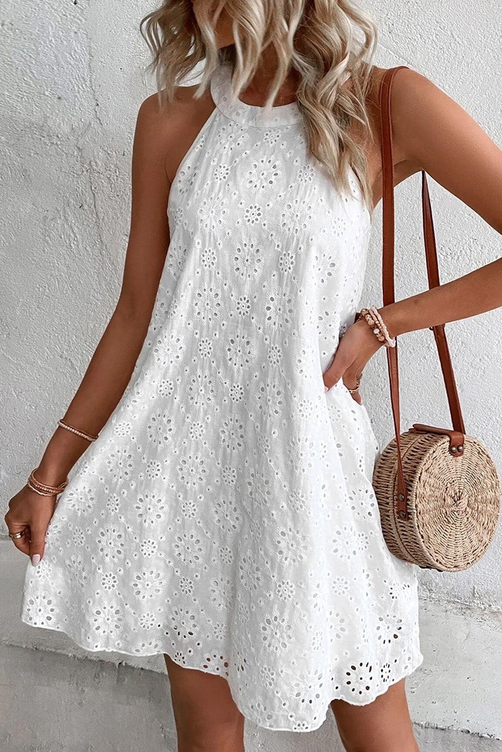 Boho Eyelet Halter Neck Sleeveless Dress Mini Dresses MyDresses 