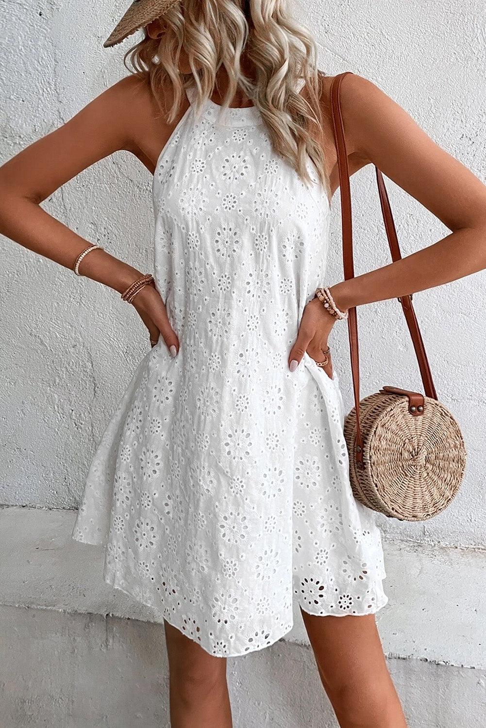 Boho Eyelet Halter Neck Sleeveless Dress Mini Dresses MyDresses 