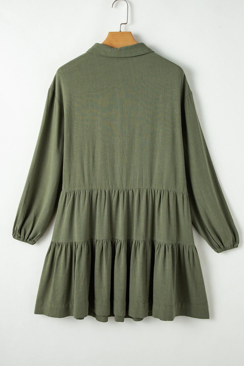 Jungle Green Puff Sleeve Buttoned Tiered Pleated Shirt Mini Dress Mini Dresses MyDresses