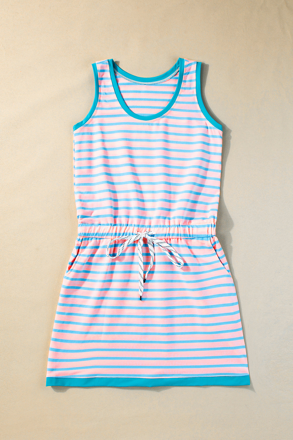 Striped Casual Tank Dress with Drawstring Waist and Pockets Mini Dresses MyDresses 