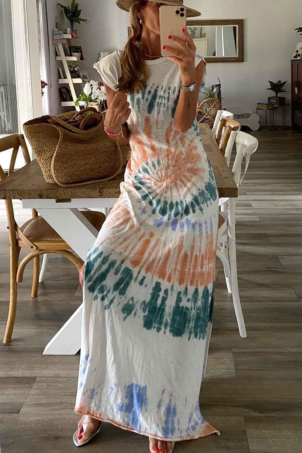 Cap Sleeve Tie Dye Maxi Dress with Slit Maxi Dresses MyDresses 