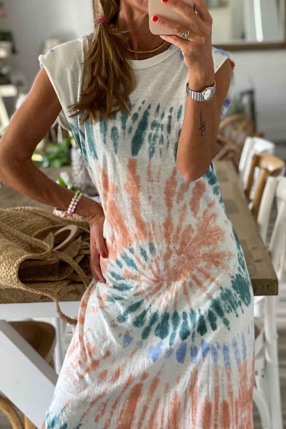 Cap Sleeve Tie Dye Maxi Dress with Slit Maxi Dresses MyDresses 