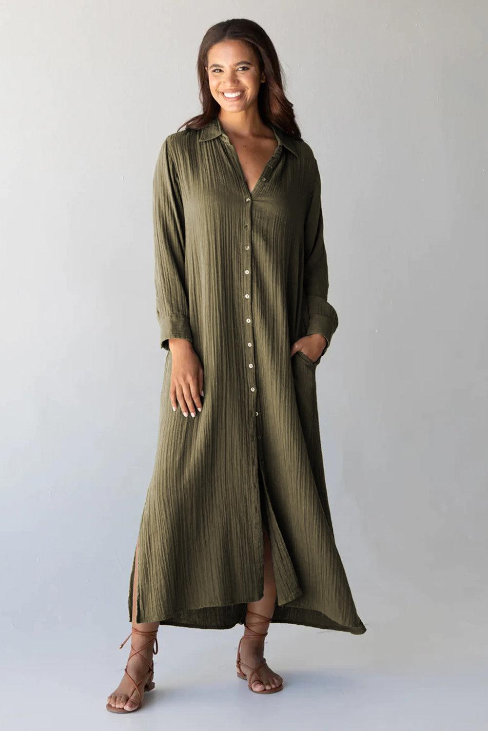 Casual Button-Up Crinkle Split Maxi Shirt Dress Maxi Dresses MyDresses 