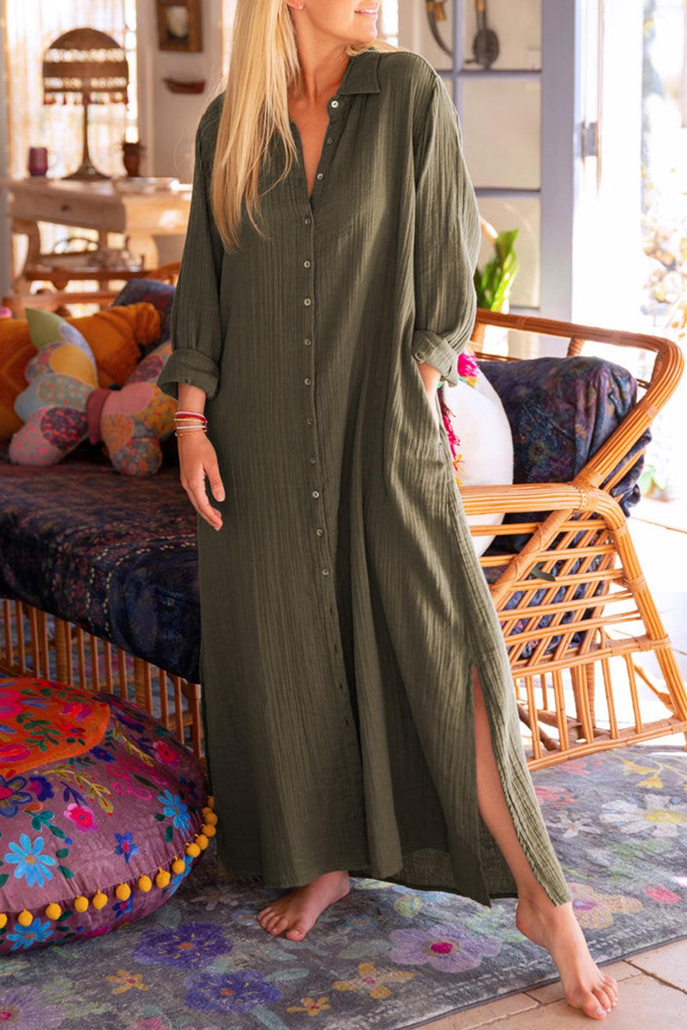 Casual Button-Up Crinkle Split Maxi Shirt Dress Maxi Dresses MyDresses Moss Green 8 | S 