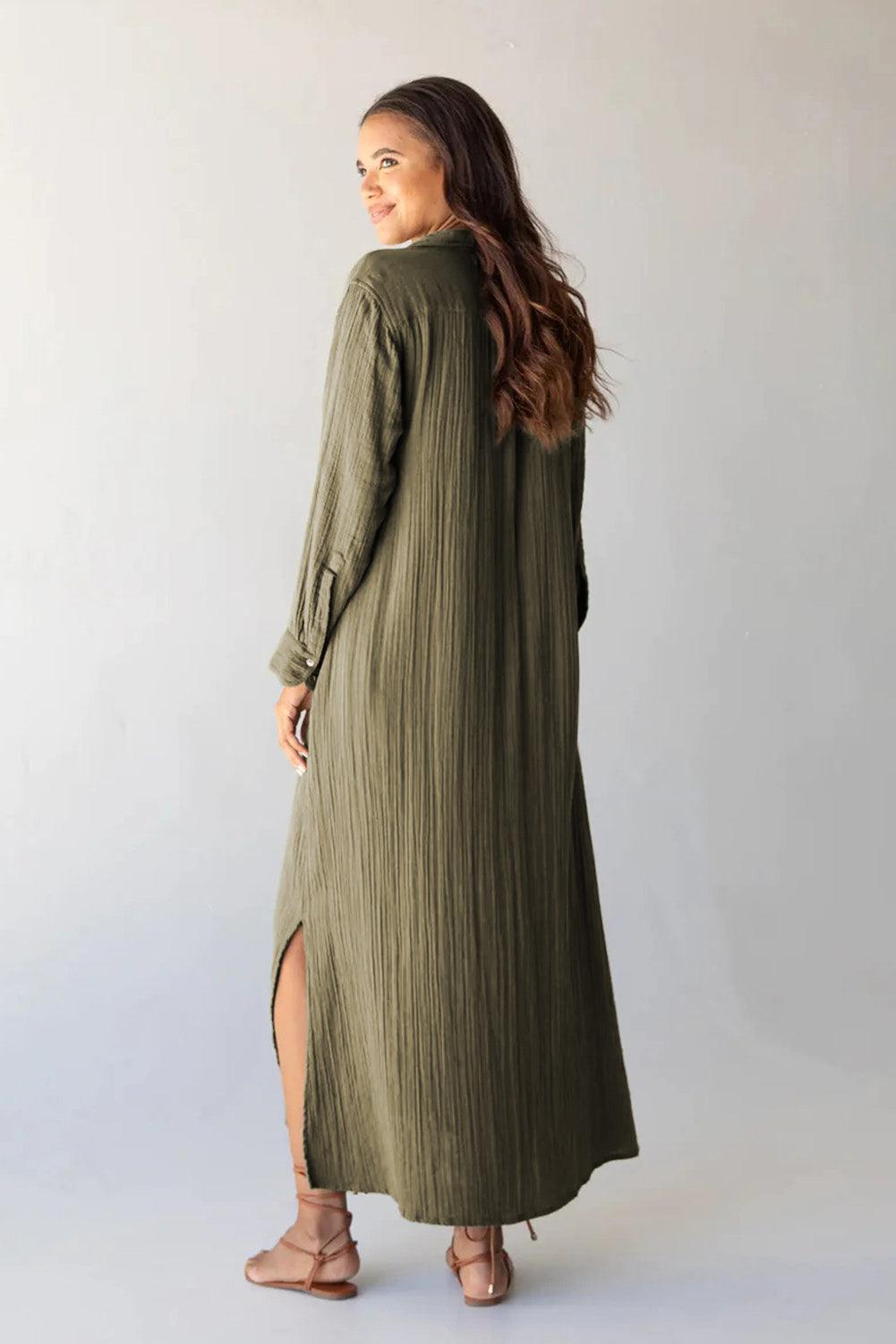 Casual Button-Up Crinkle Split Maxi Shirt Dress Maxi Dresses MyDresses 