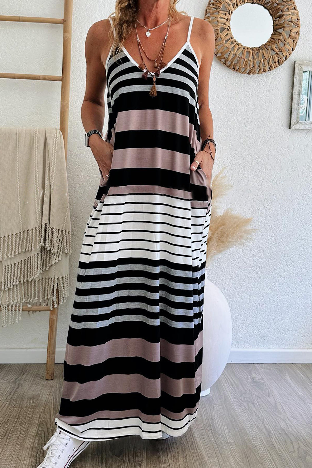 Striped Spaghetti Strap V-Neck Maxi Dress Maxi Dresses MyDresses Stripes 8 | S 