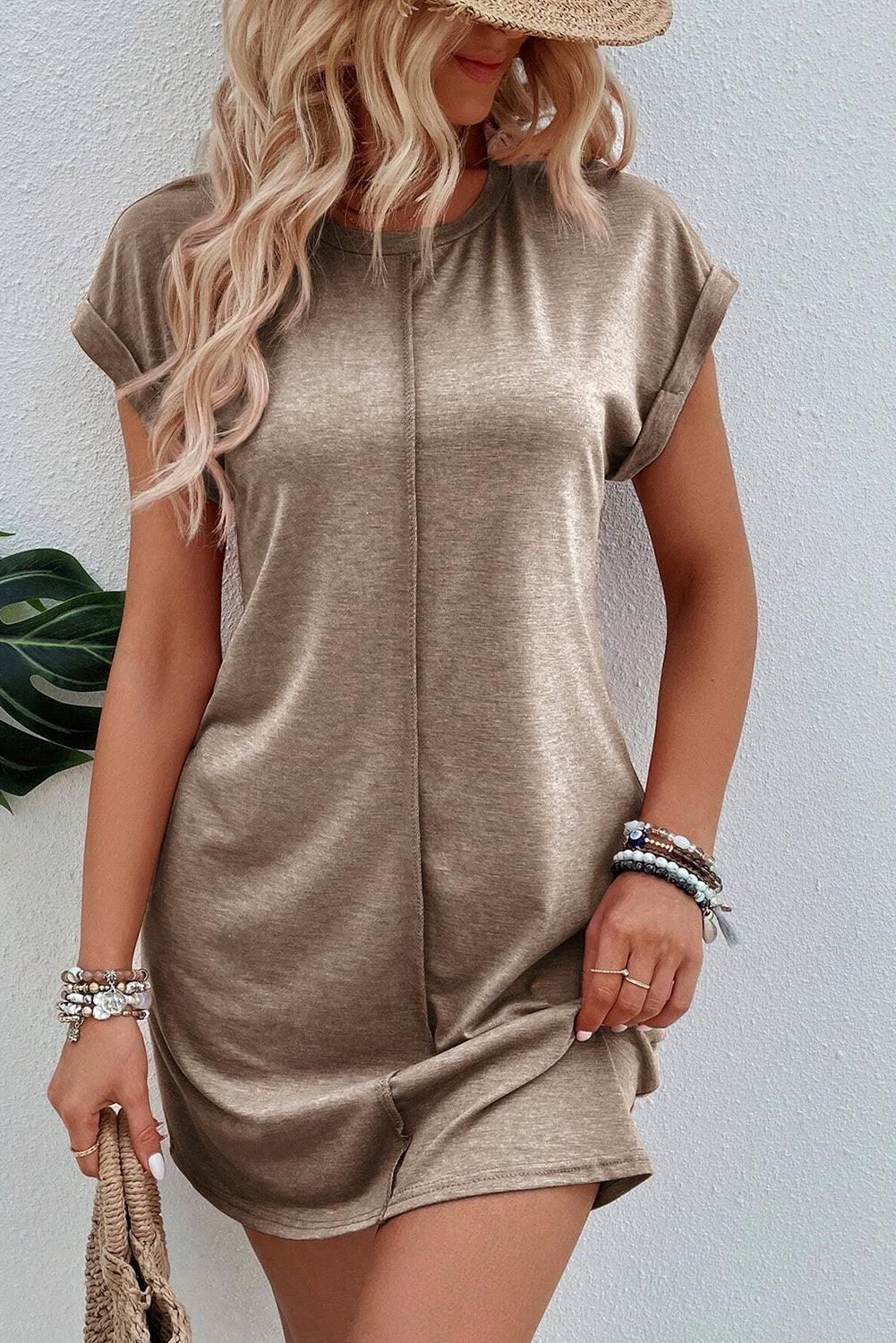 Center Seam T-shirt Dress with Rolled Cuffs T Shirt Dresses MyDresses Light French Beige 8 | S 