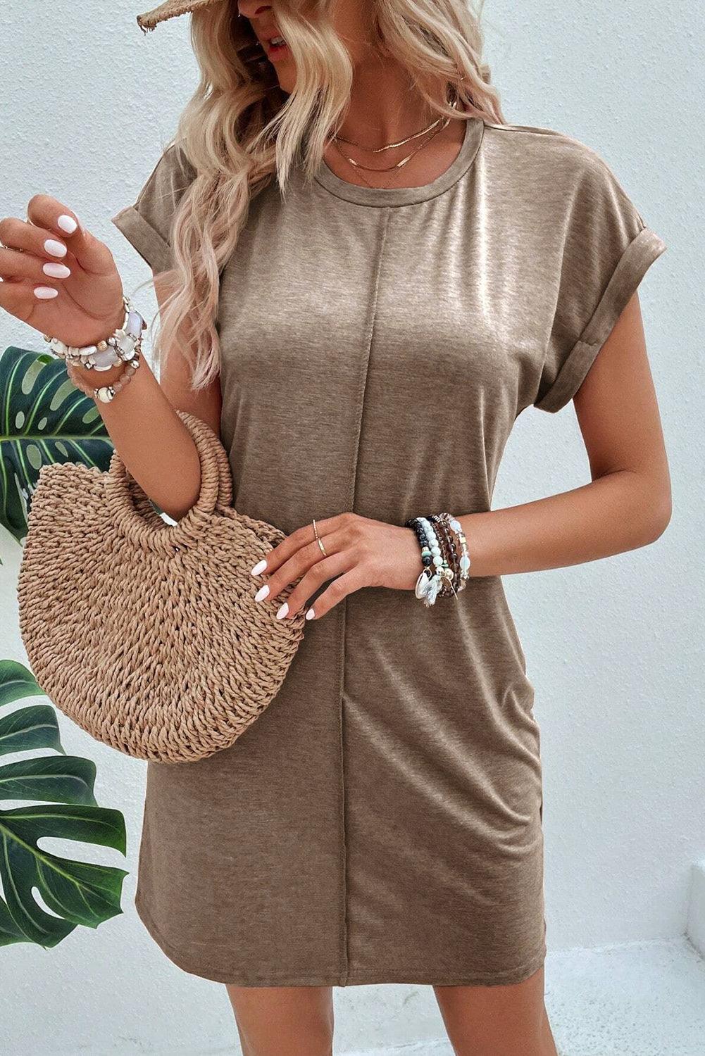 Center Seam T-shirt Dress with Rolled Cuffs T Shirt Dresses MyDresses 